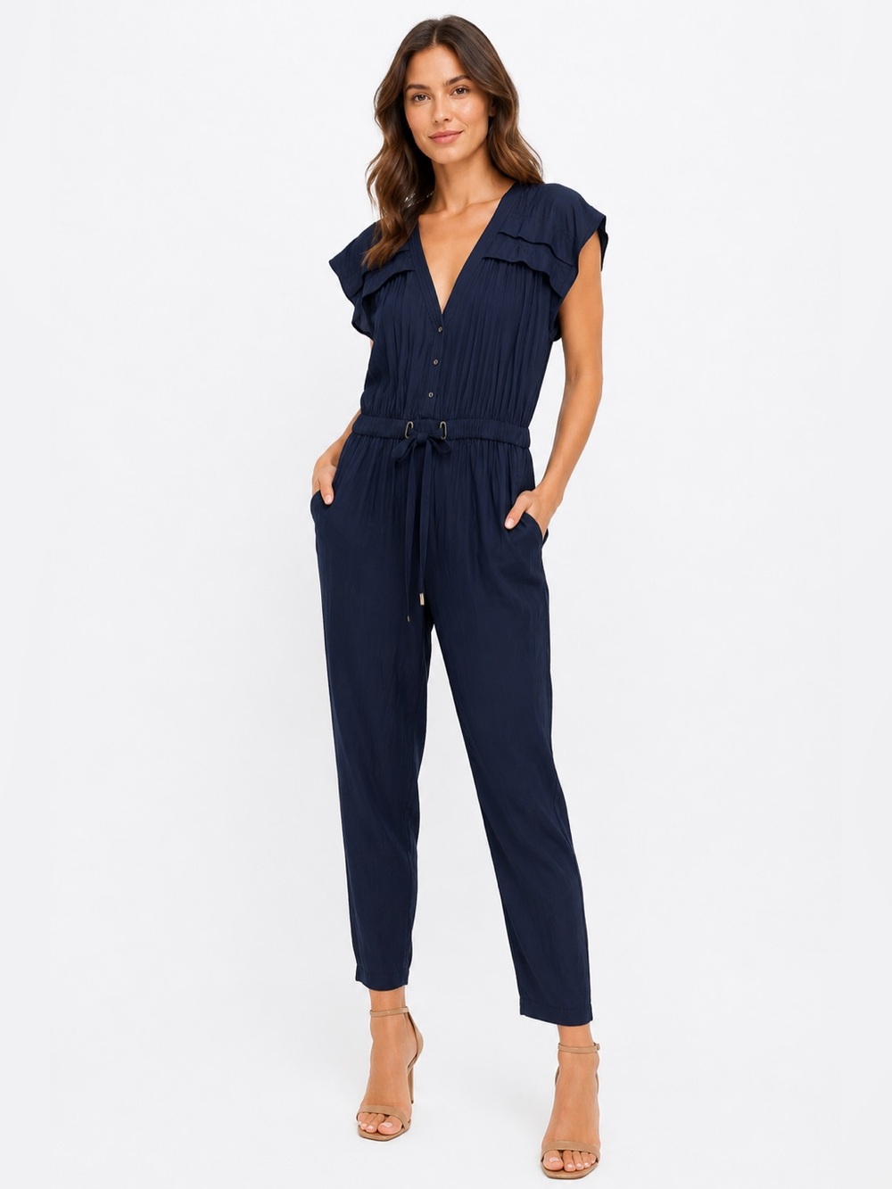 NWT Ramy Brook Aletha Jumpsuit Navy Blue Pleated Drawstring Waist Medium